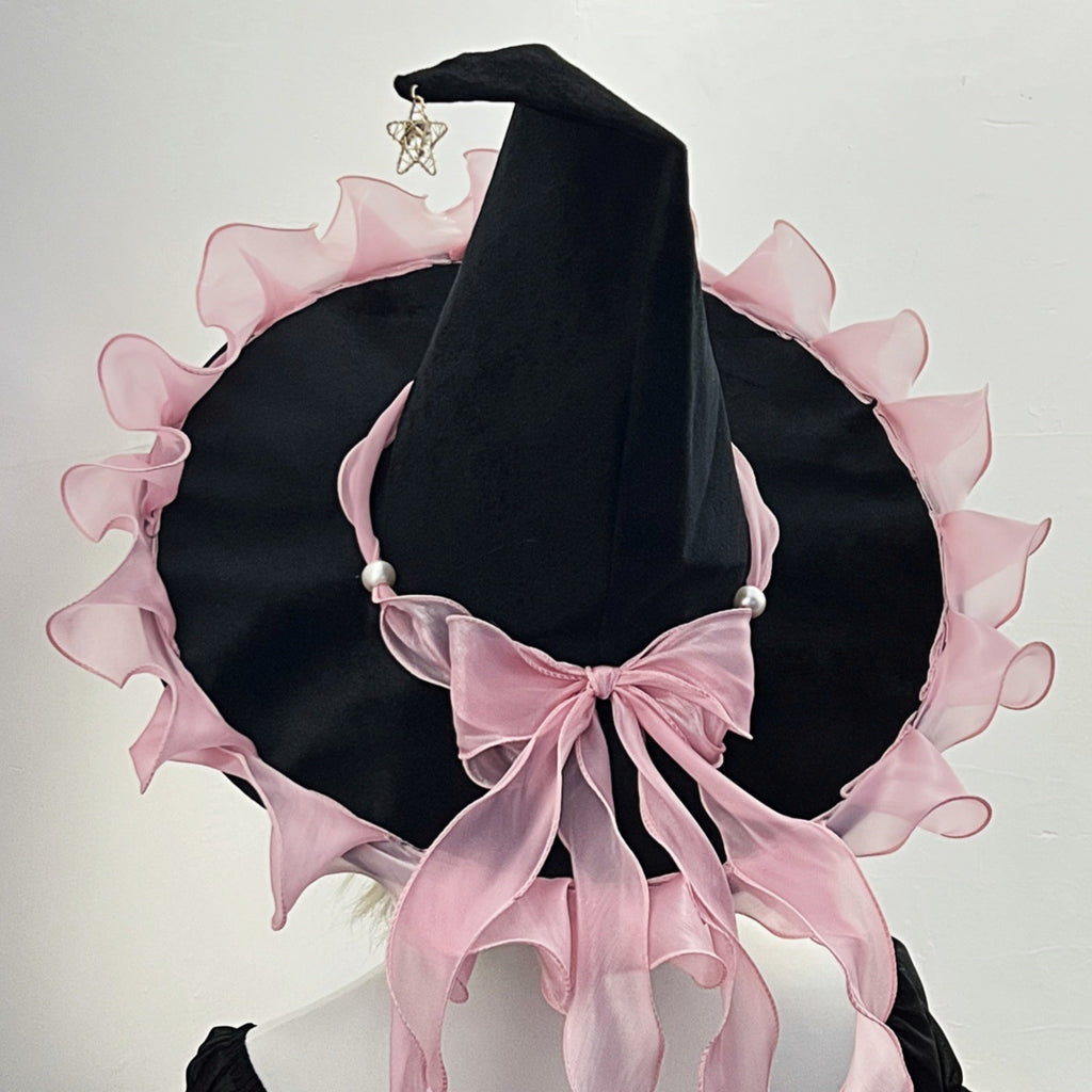 Witch Hat With Organza Bow And Star Charm - Pink