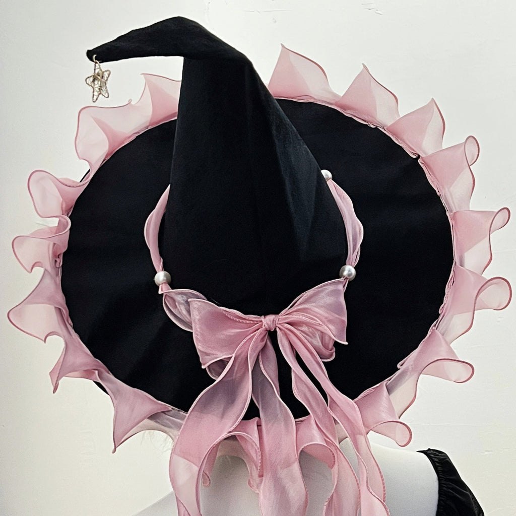Witch Hat With Organza Bow And Star Charm - Pink - 1