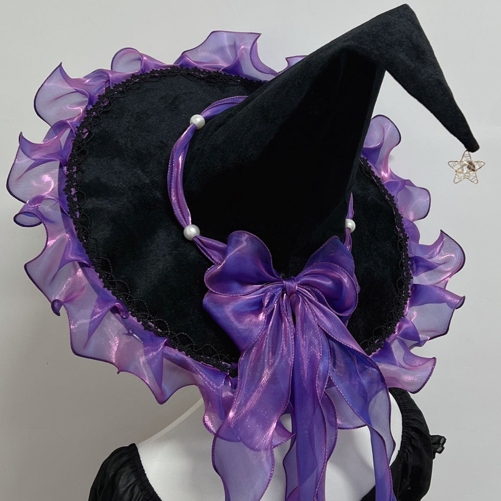Witch Hat With Organza Bow And Star Charm - Purple