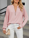 Split V Neck Henley Textured Knit Top - Pink