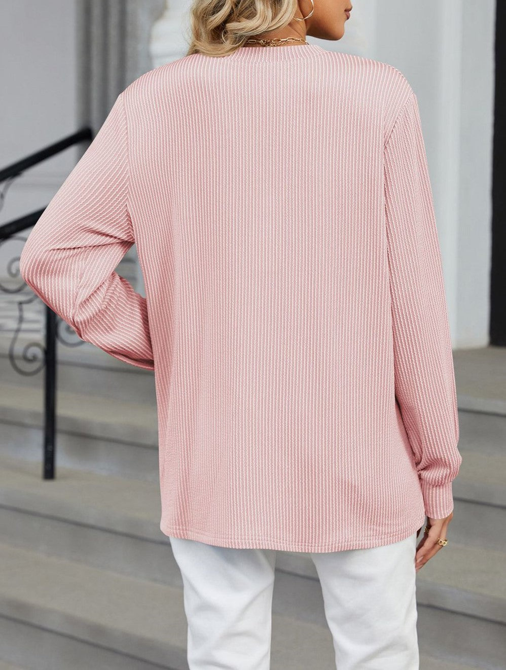 Split V Neck Henley Textured Knit Top - Pink - 1