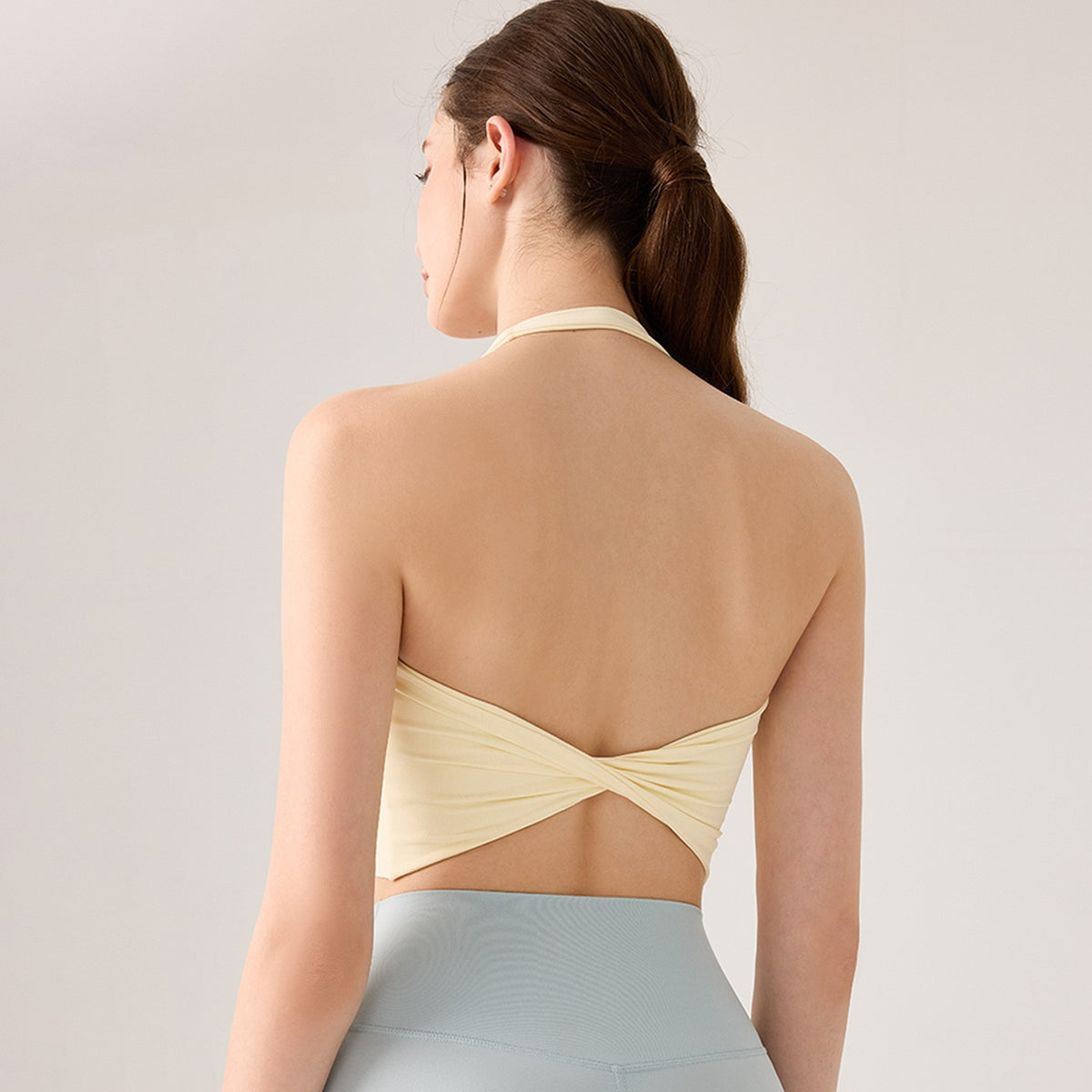 Halter Twist Back Longline Padded Workout Bra - Soft Yellow