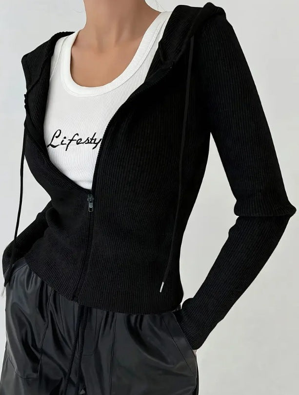 Ribbed Slim Fit Zip Up Hooded Jacket - Black