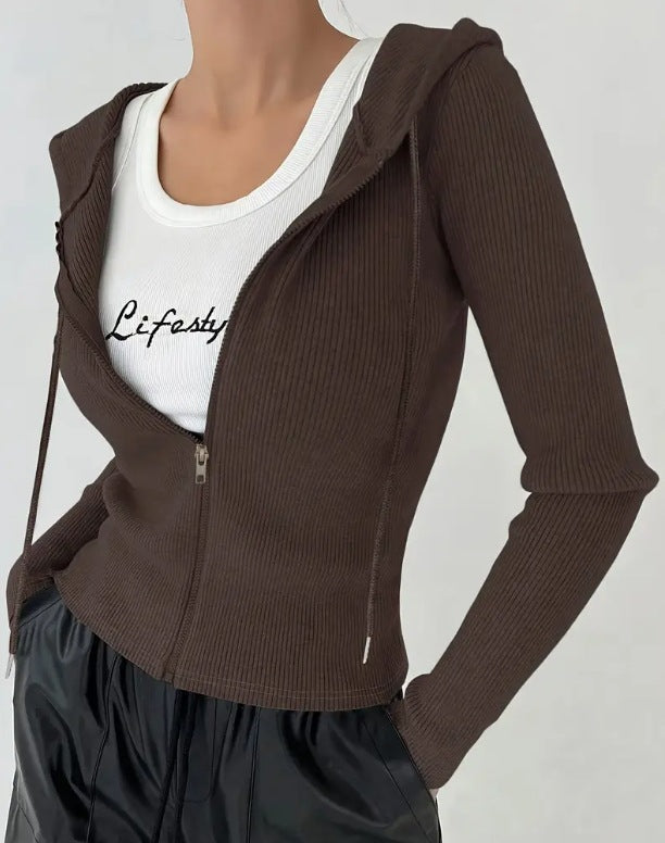Ribbed Slim Fit Zip Up Hooded Jacket - Coffee