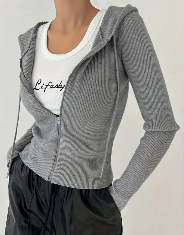 Ribbed Slim Fit Zip Up Hooded Jacket - Grey