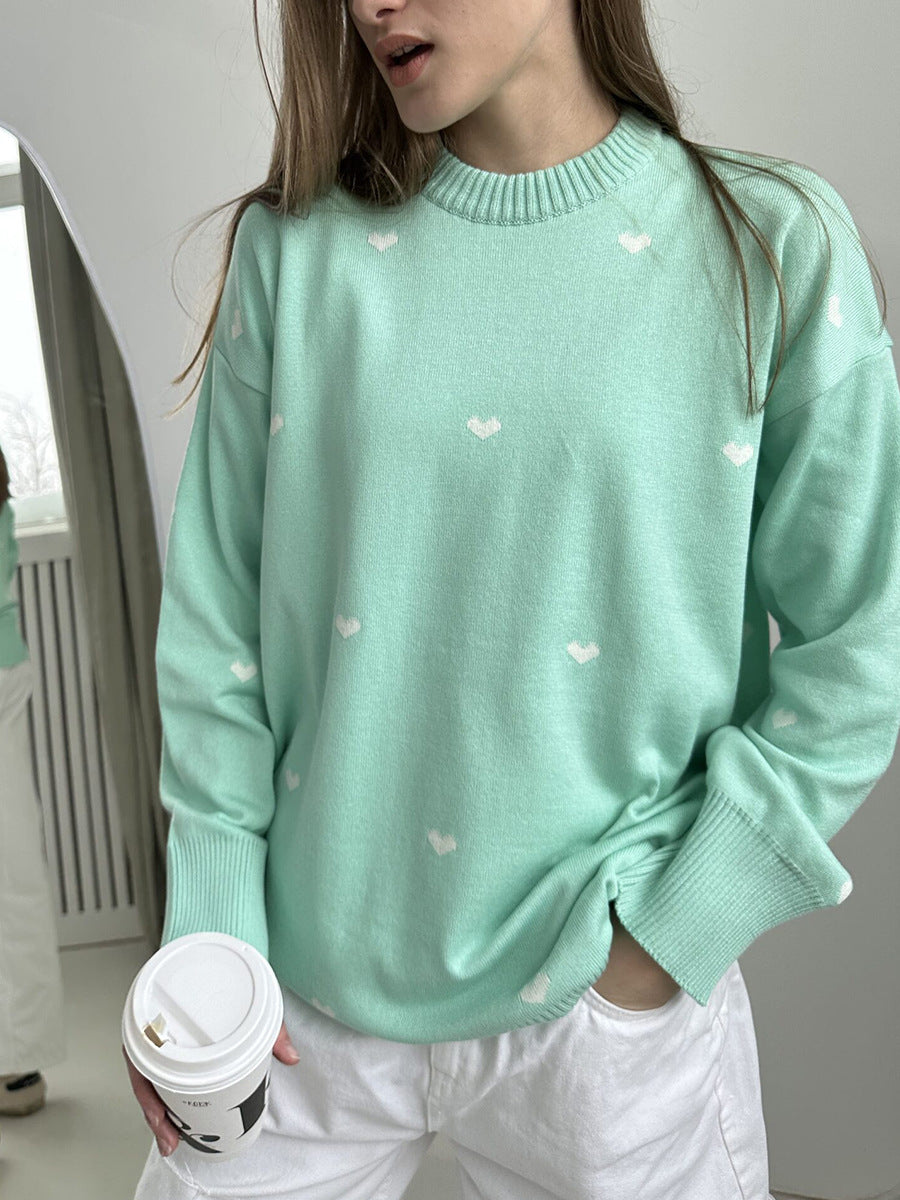 Heart Embroidered Crewneck Knit Sweater - Green