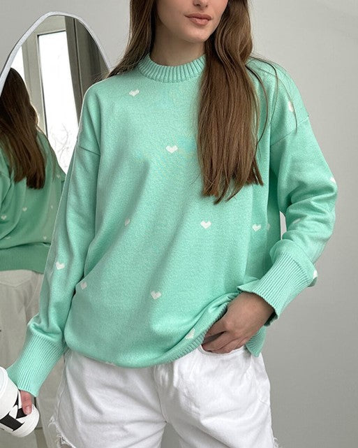Heart Embroidered Crewneck Knit Sweater - Green - 1