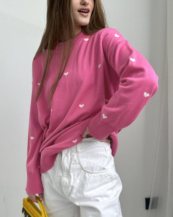 Heart Embroidered Crewneck Knit Sweater - Pink