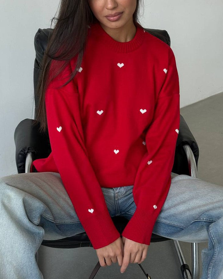Heart Embroidered Crewneck Knit Sweater - Red