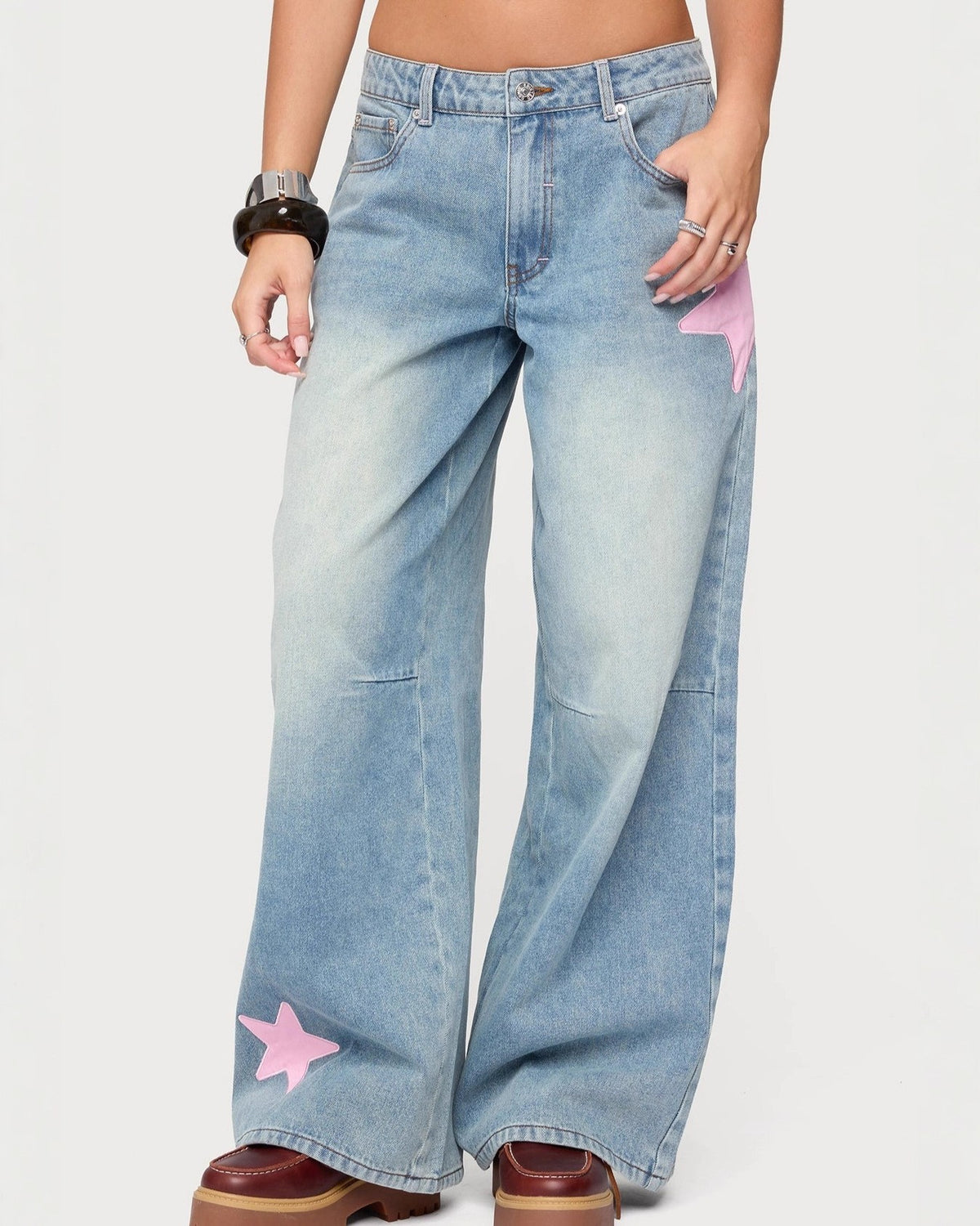 Star Patch Baggy Wide Leg Jeans - Blue - 1