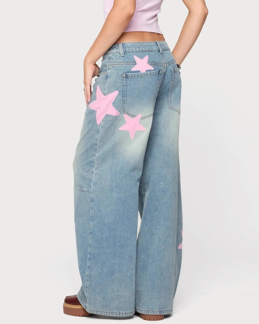 Star Patch Baggy Wide Leg Jeans - Blue - 2