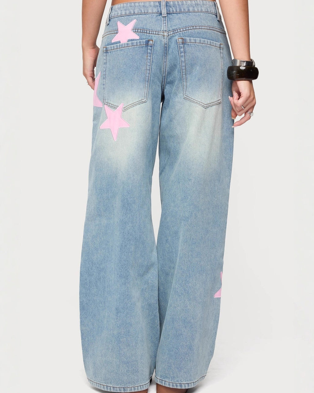 Star Patch Baggy Wide Leg Jeans - Blue - 3