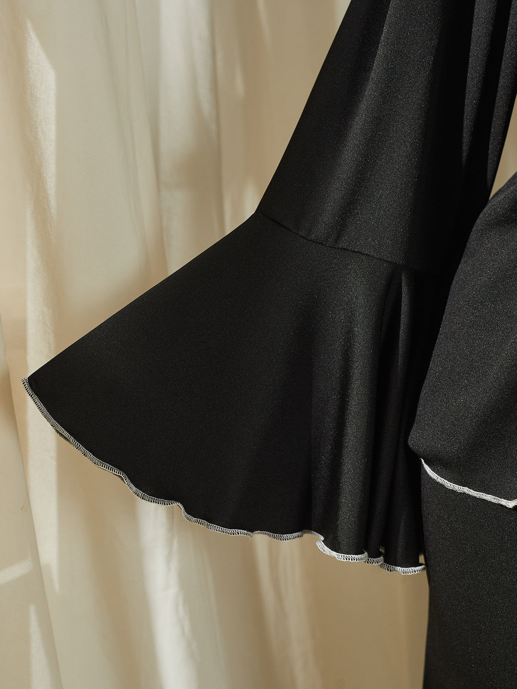 Ruffle Collar Pajama Set With Flared Cuffs - Black - 2