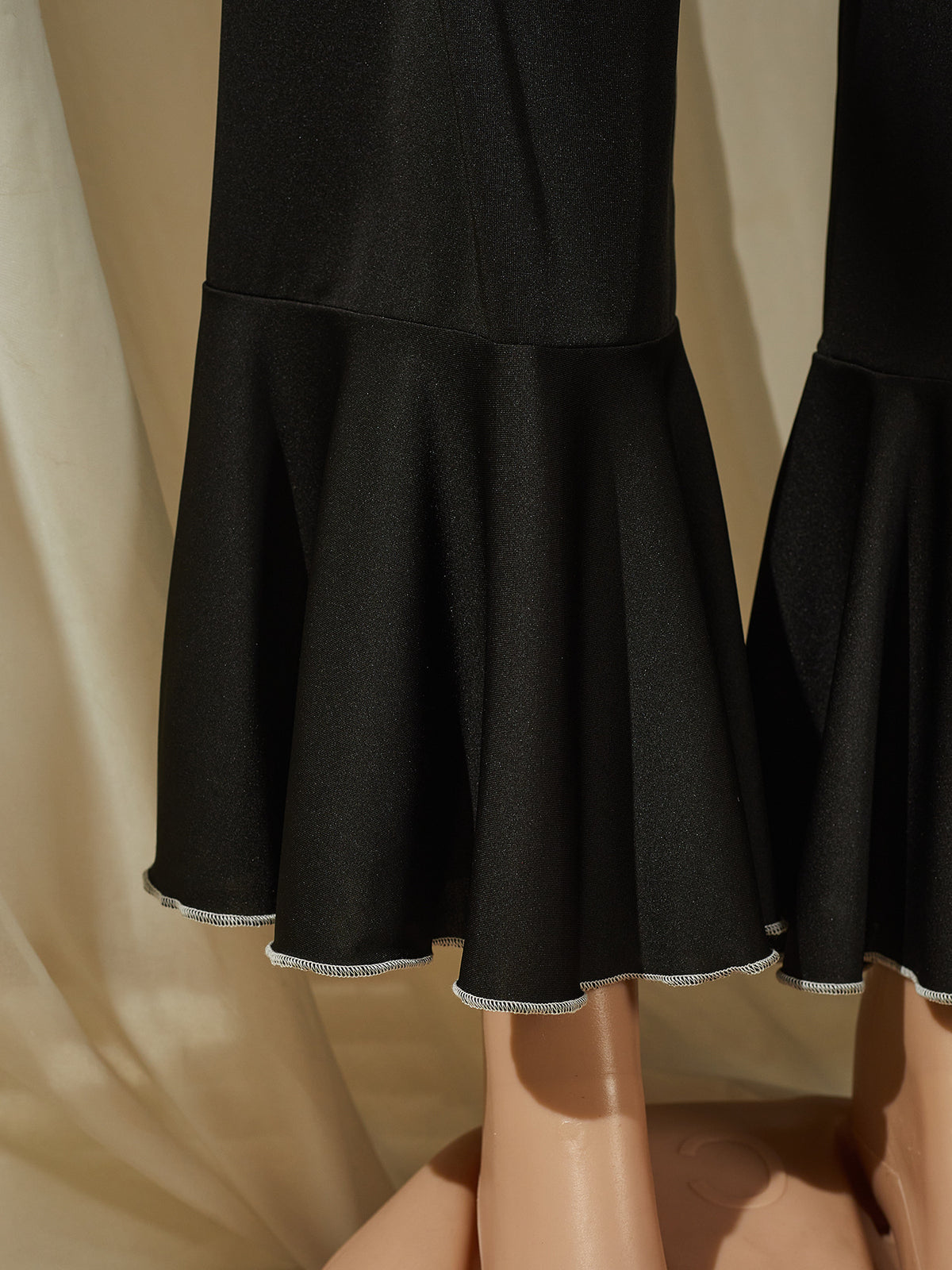 Ruffle Collar Pajama Set With Flared Cuffs - Black - 3