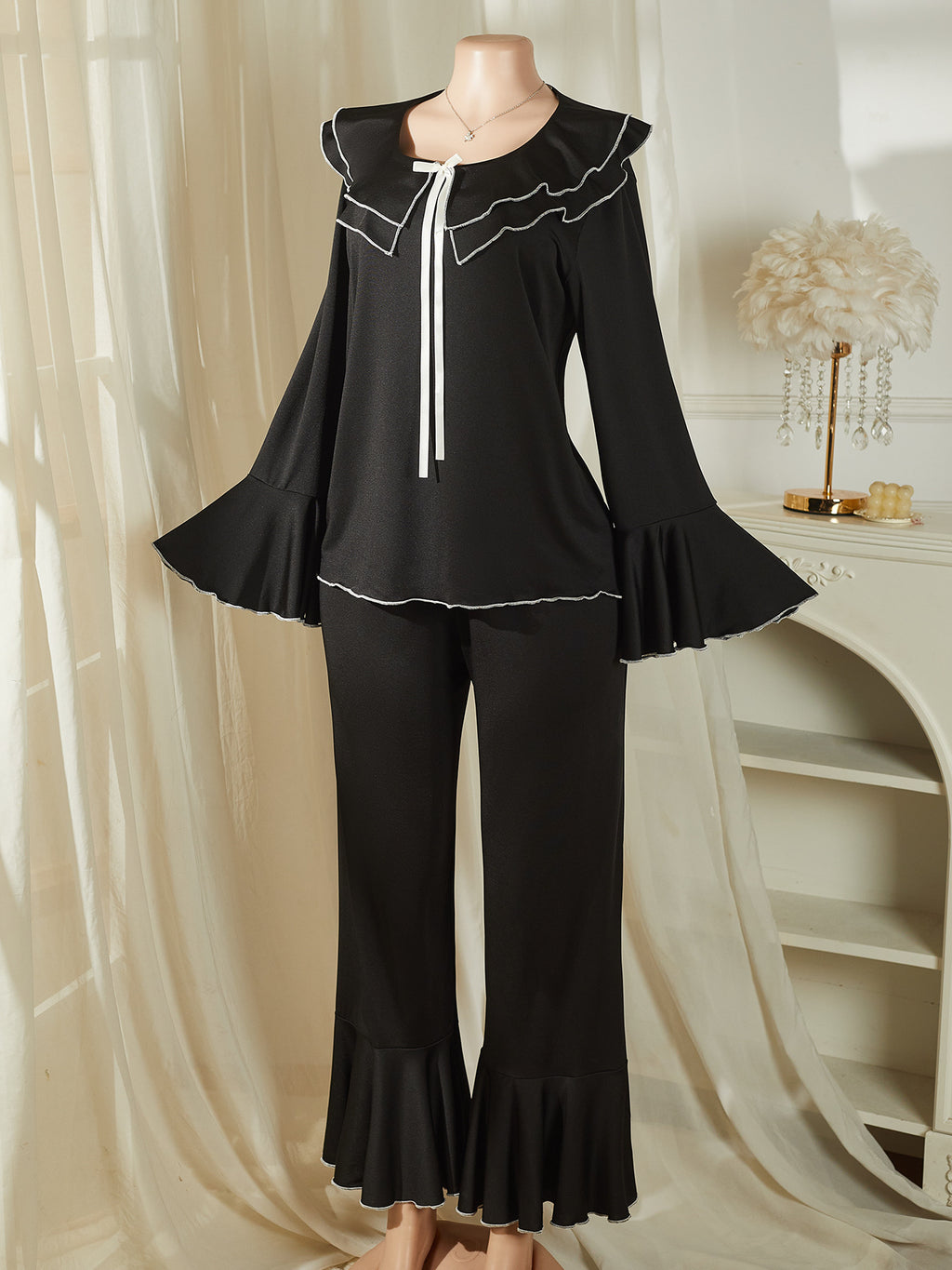 Ruffle Collar Pajama Set With Flared Cuffs - Black - 4