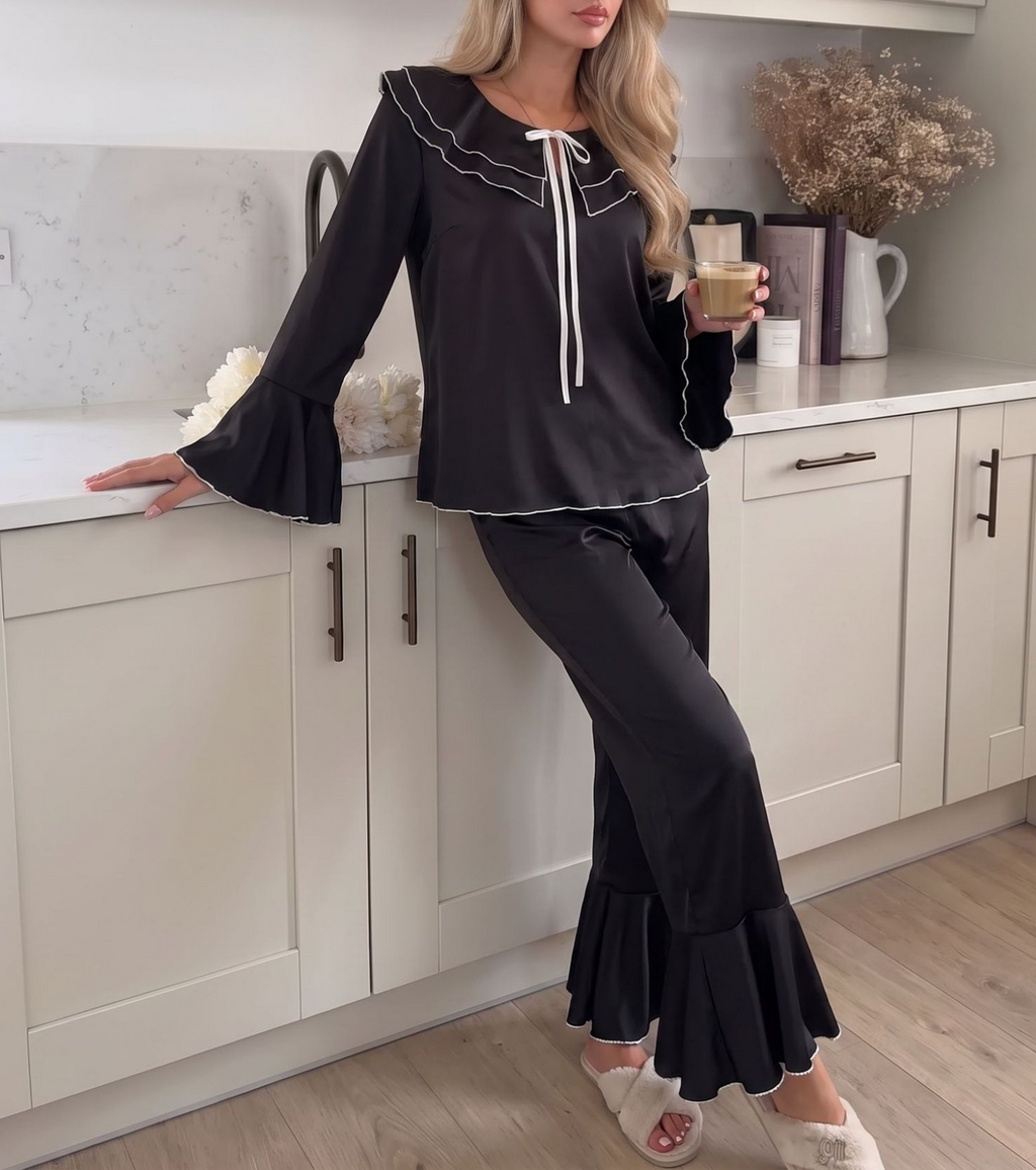 Ruffle Collar Pajama Set With Flared Cuffs - Black - 7
