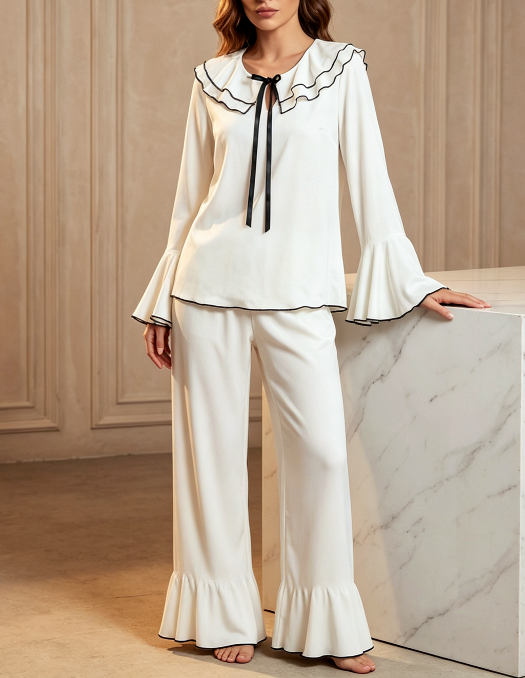 Ruffle Collar Pajama Set With Flared Cuffs - White