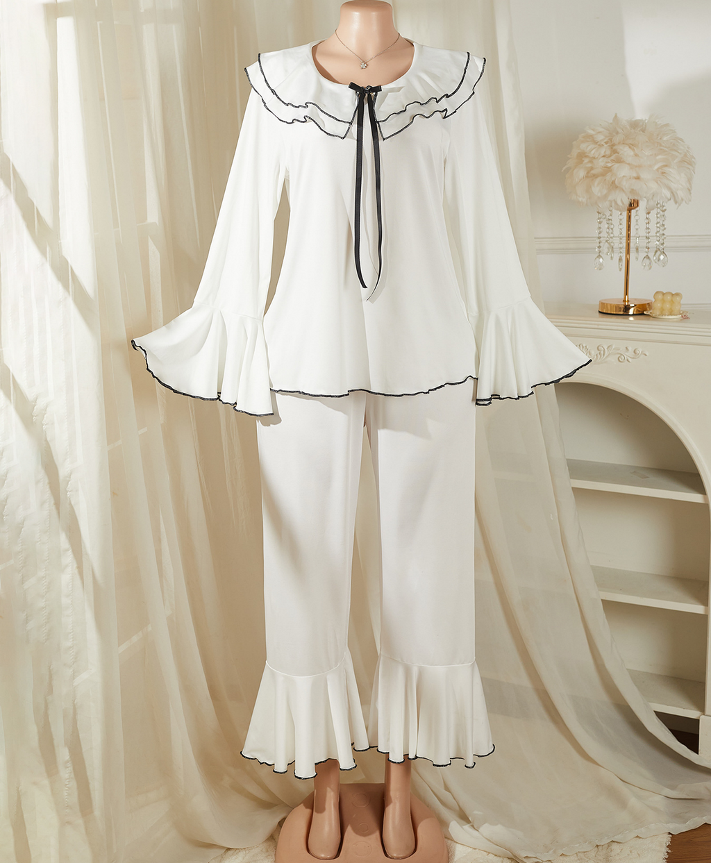 Ruffle Collar Pajama Set With Flared Cuffs - White - 1