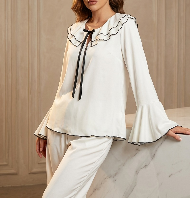 Ruffle Collar Pajama Set With Flared Cuffs - White - 10