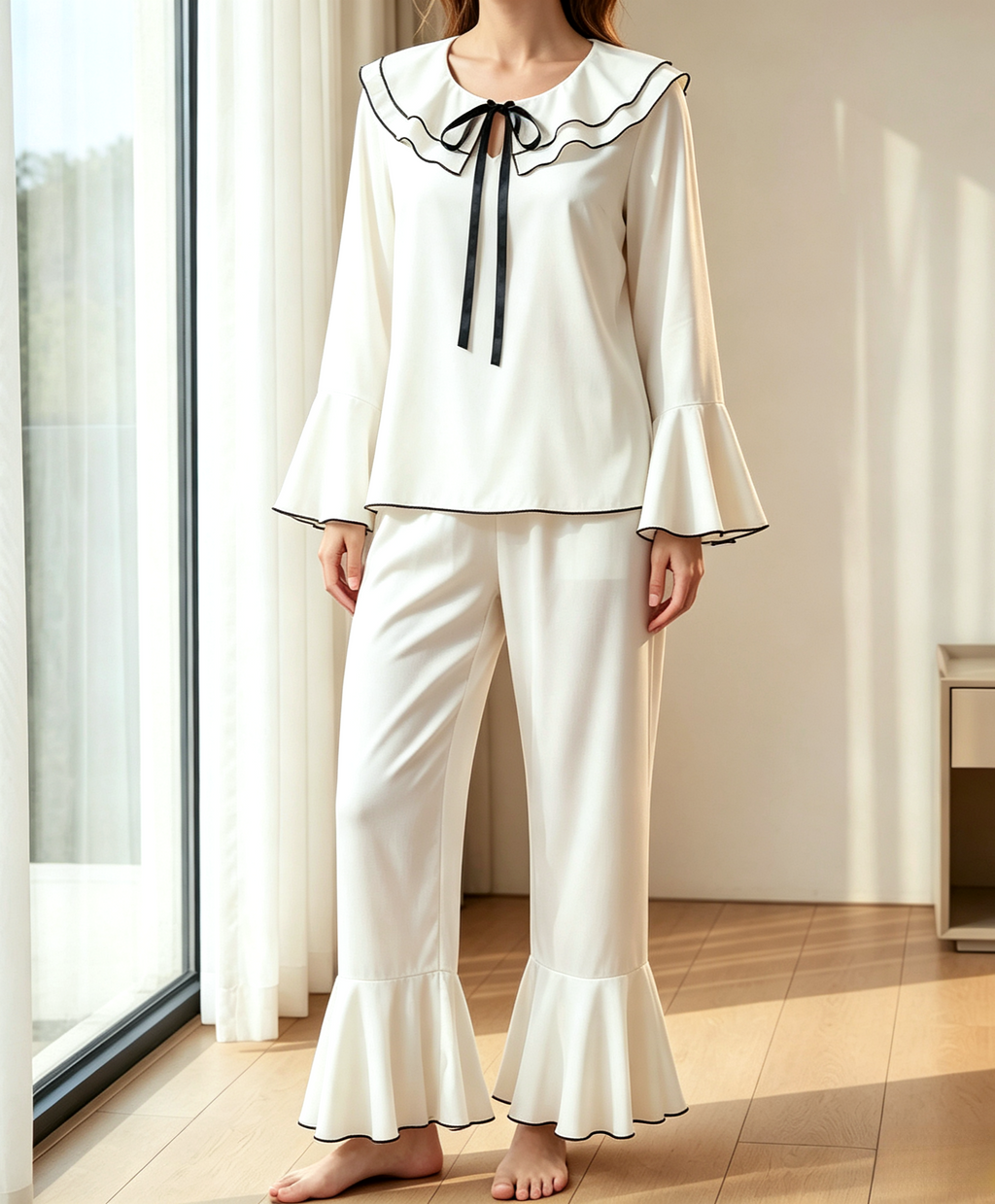 Ruffle Collar Pajama Set With Flared Cuffs - White - 12