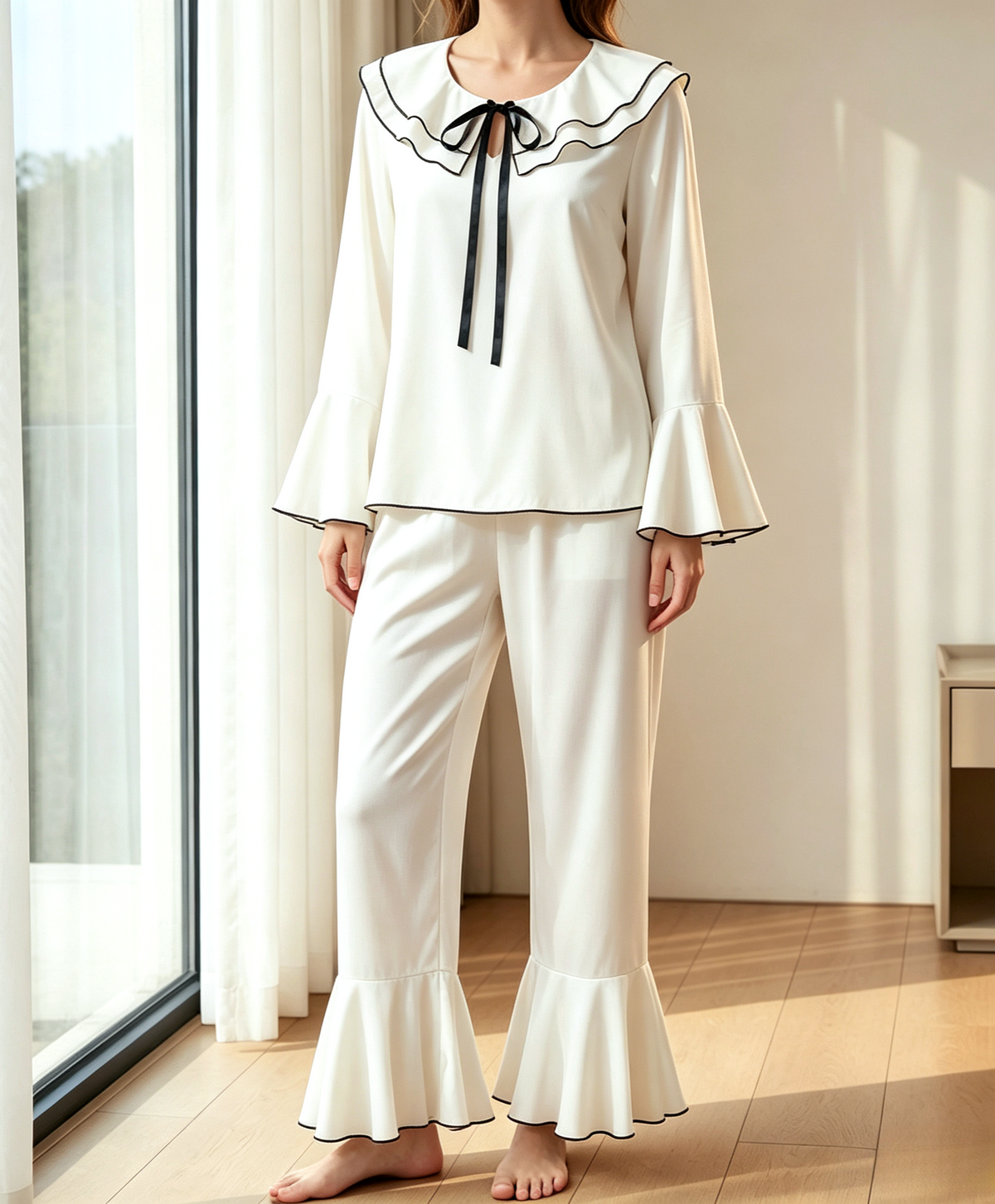 Ruffle Collar Pajama Set With Flared Cuffs - White - 12