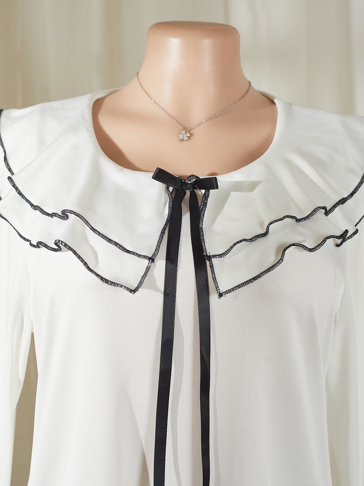 Ruffle Collar Pajama Set With Flared Cuffs - White - 2
