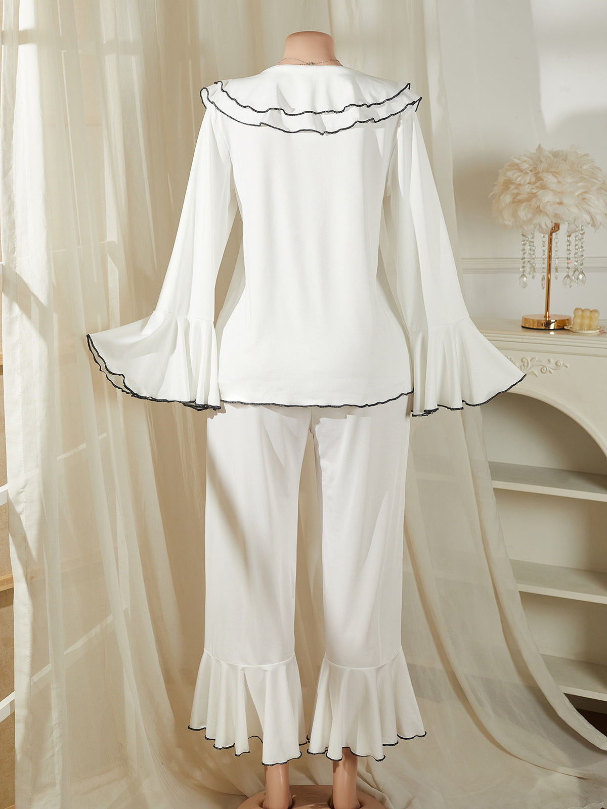 Ruffle Collar Pajama Set With Flared Cuffs - White - 5
