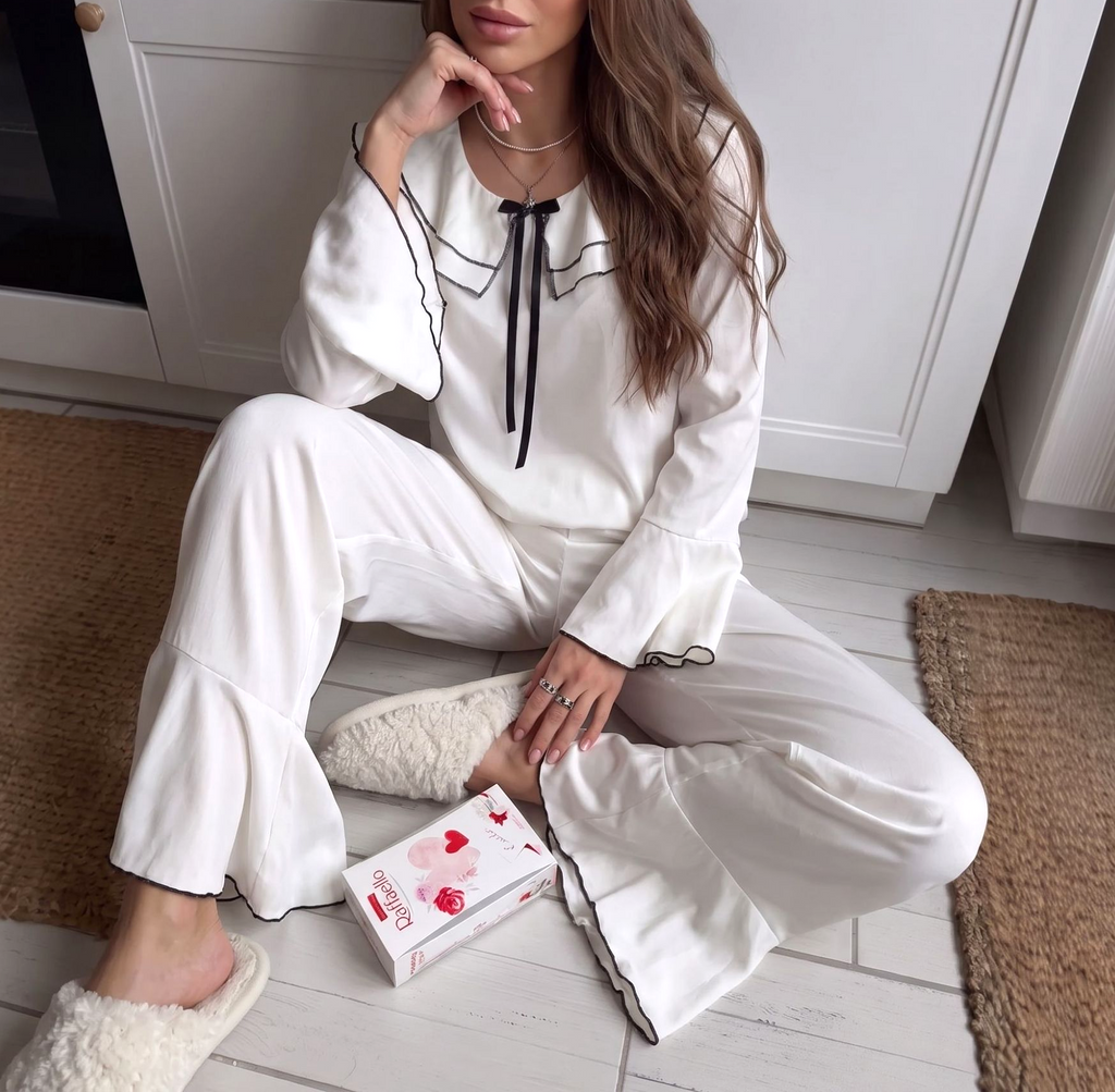 Ruffle Collar Pajama Set With Flared Cuffs - White - 7