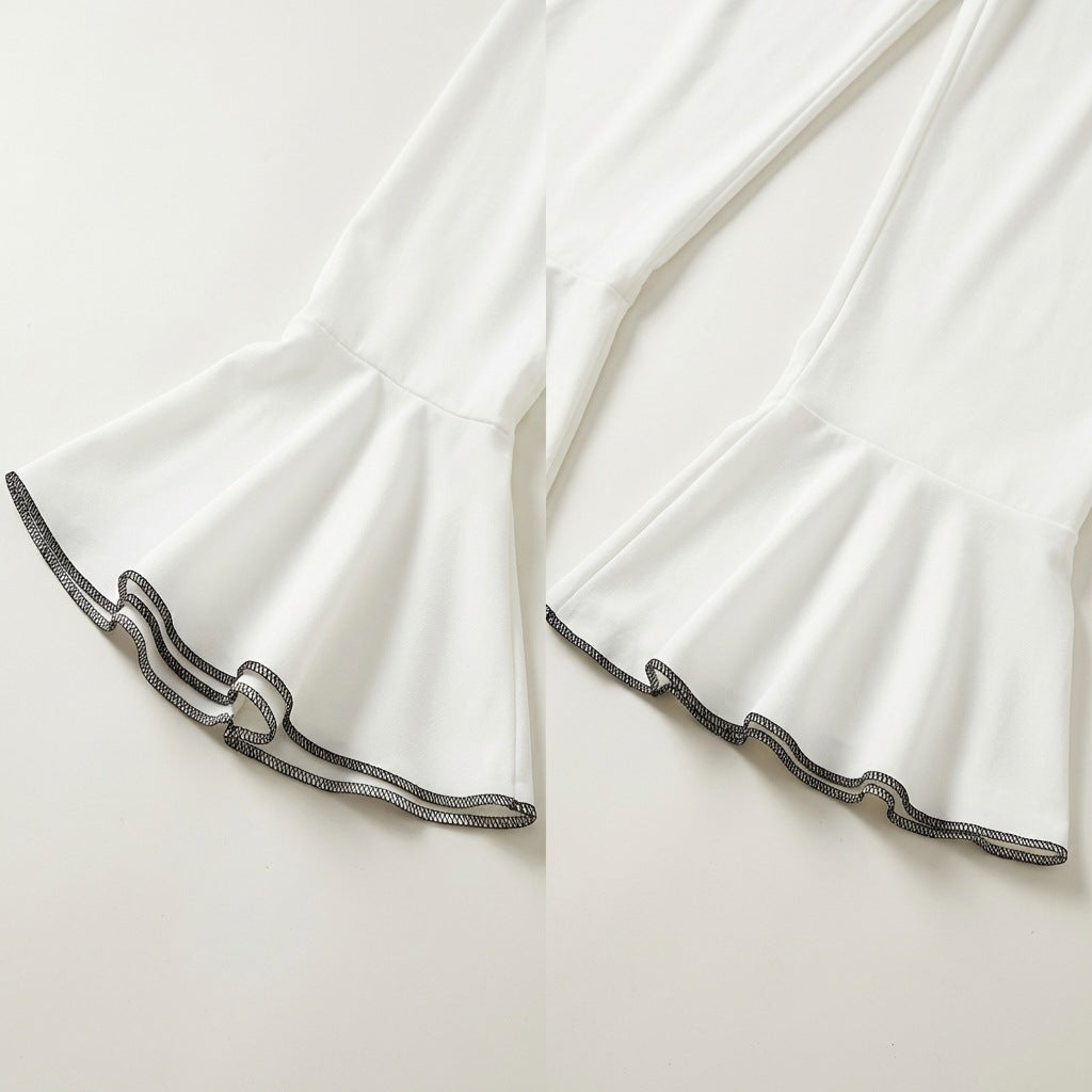Ruffle Collar Pajama Set With Flared Cuffs - White - 9
