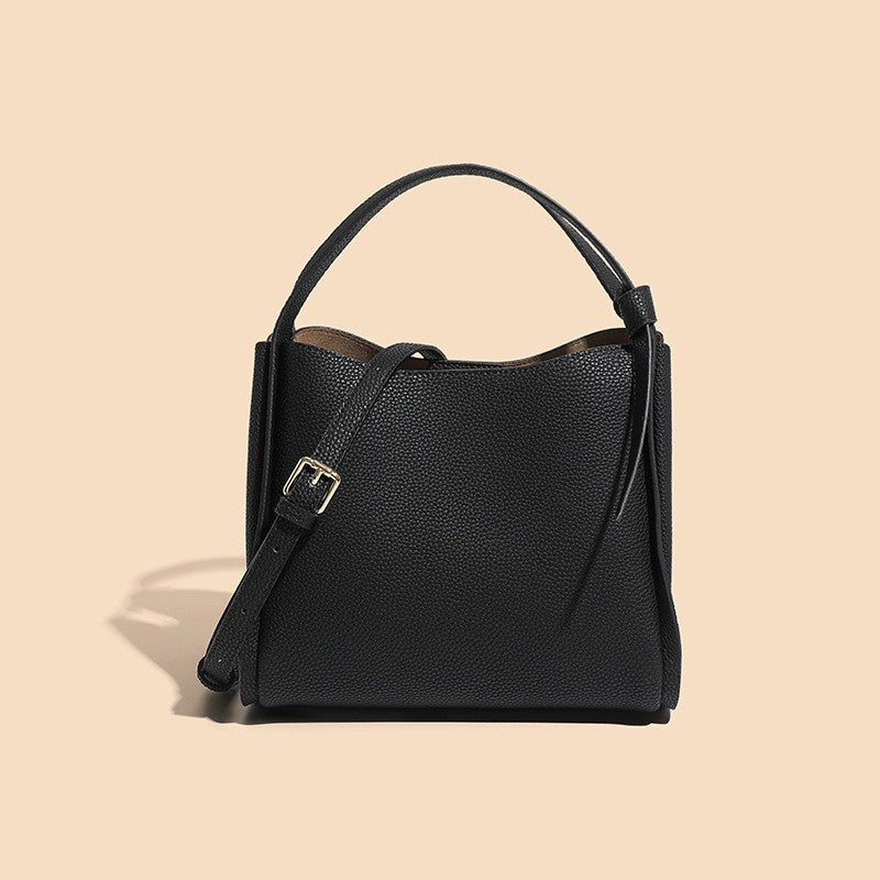 Pebbled Leather Bucket Bag with Top Handle - Black