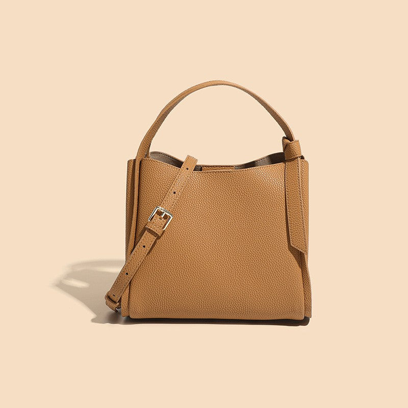 Pebbled Leather Bucket Bag with Top Handle - Camel