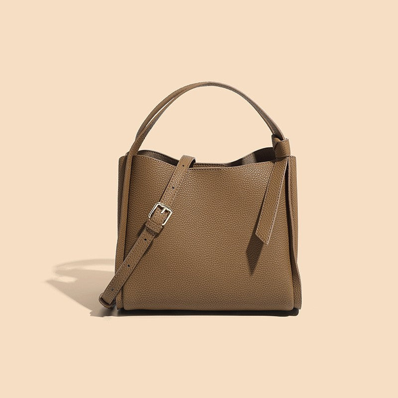 Pebbled Leather Bucket Bag with Top Handle - Mocha