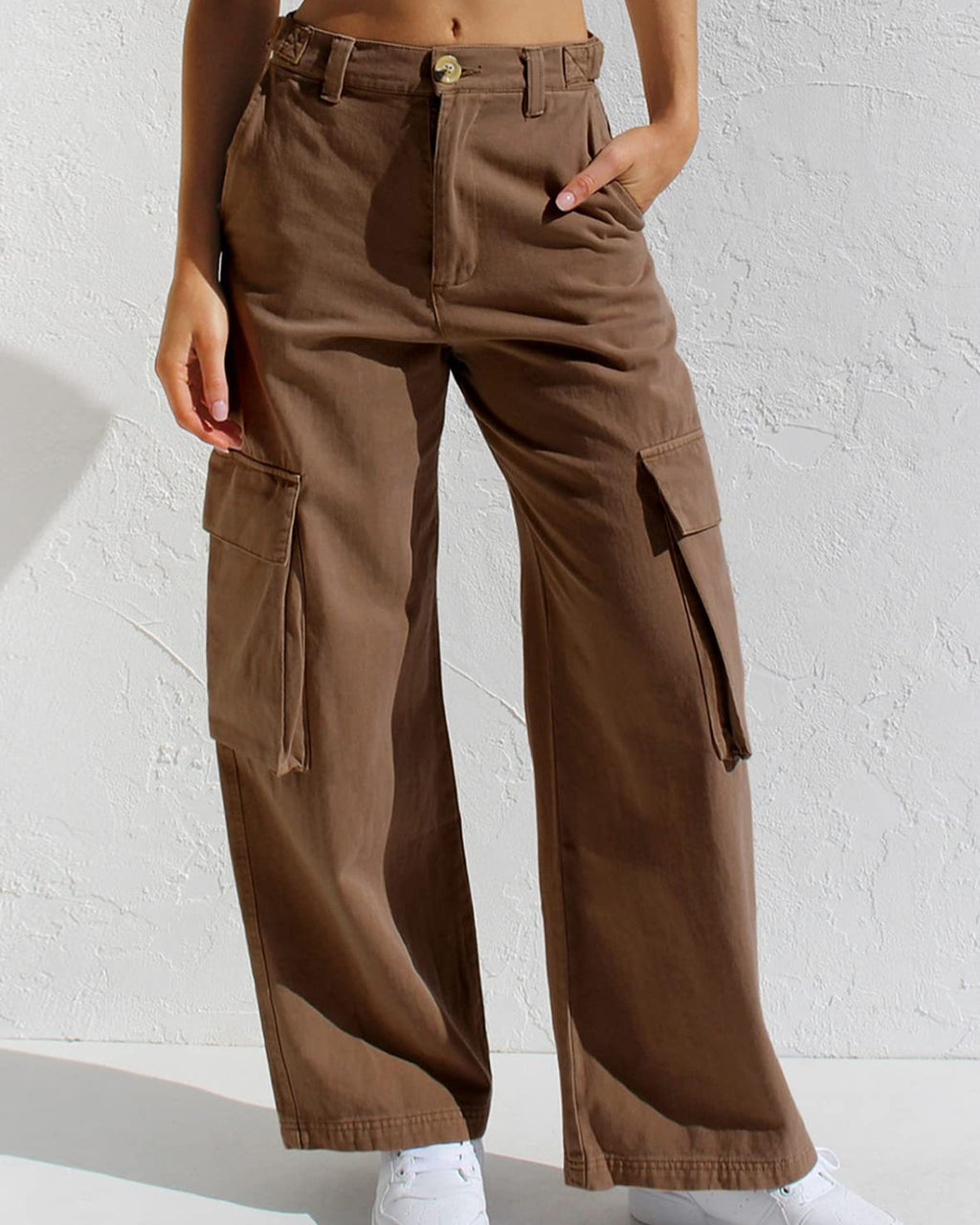 Flap Pocket Wide Leg Cargo Jeans - Coffee