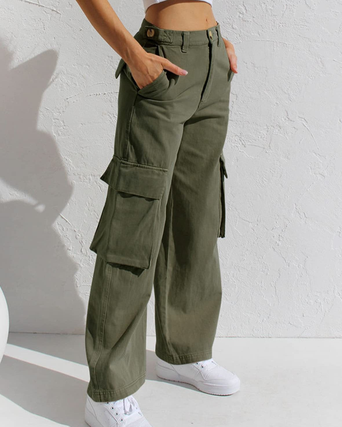 Flap Pocket Wide Leg Cargo Jeans - Green - 1