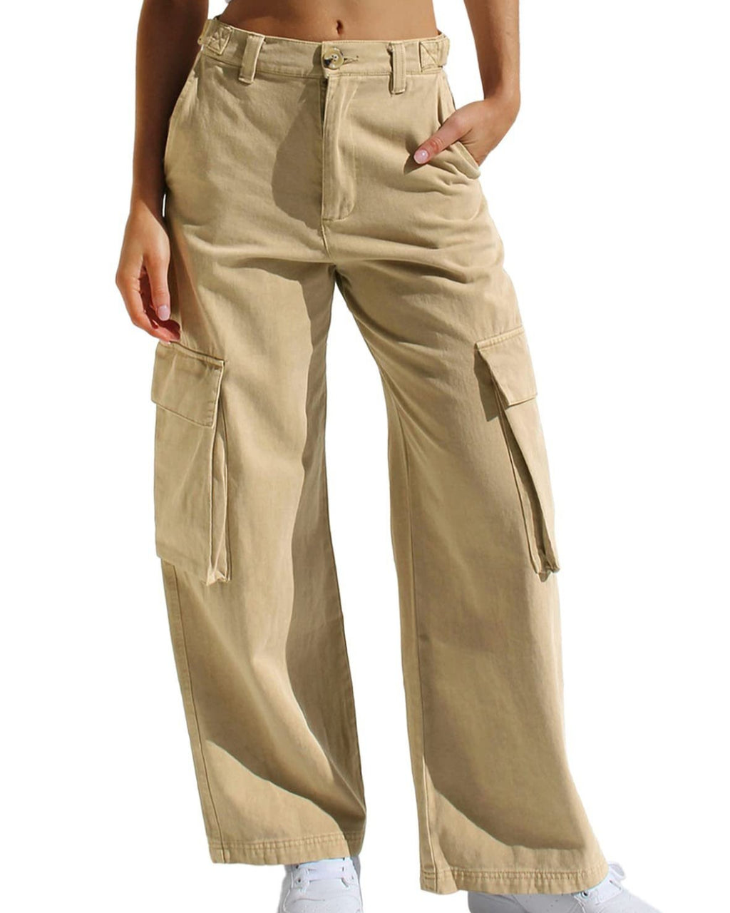 Flap Pocket Wide Leg Cargo Jeans - Khaki