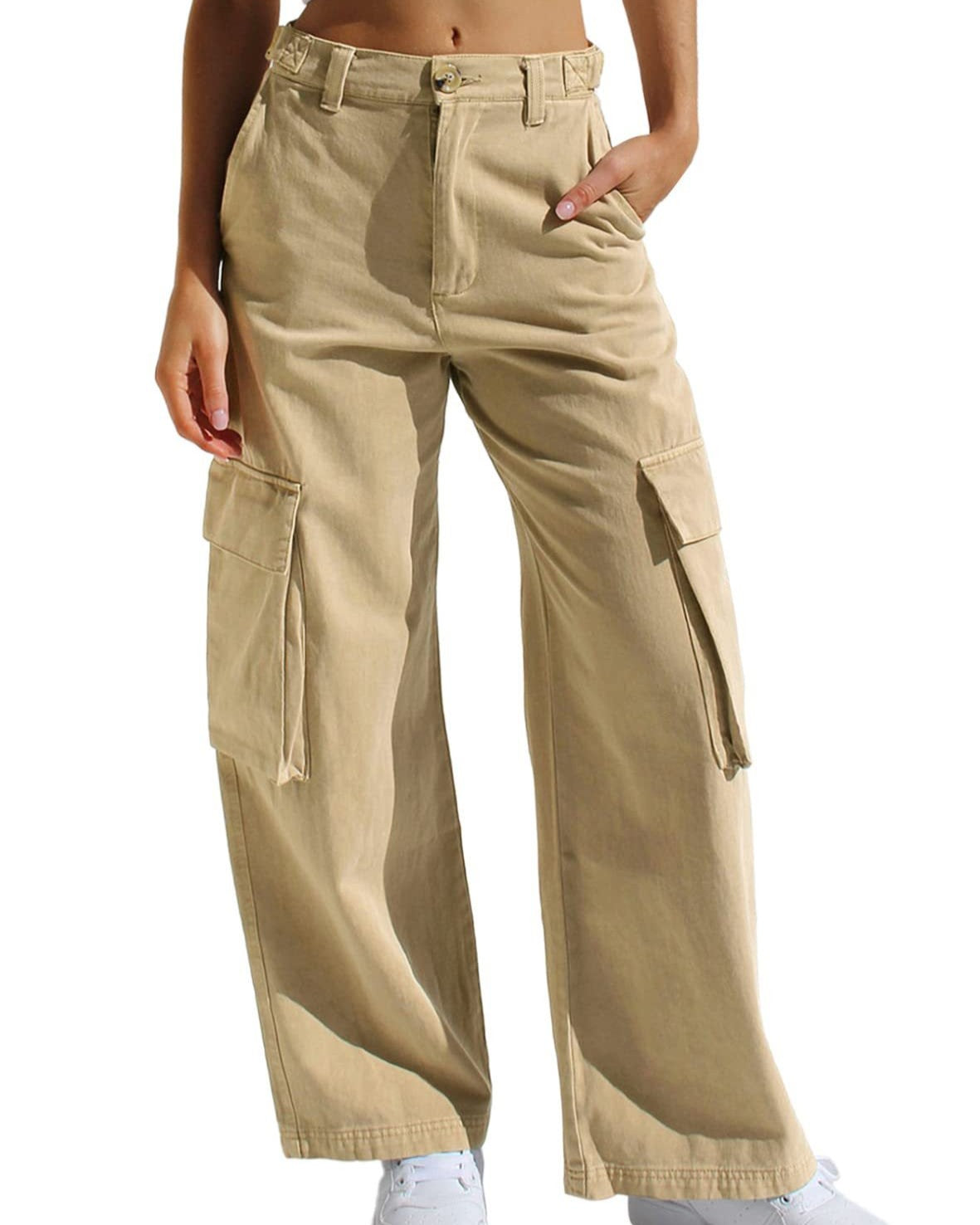 Flap Pocket Wide Leg Cargo Jeans - Khaki