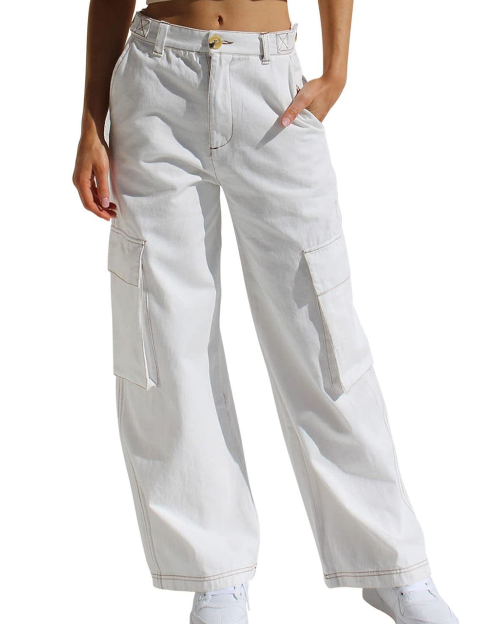 Flap Pocket Wide Leg Cargo Jeans - White