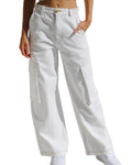 Flap Pocket Wide Leg Cargo Jeans - White