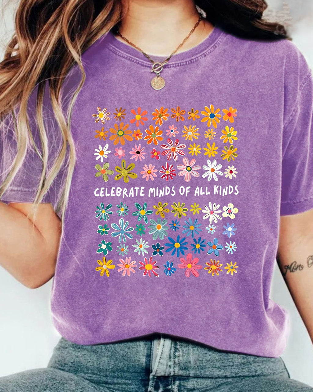 Ditsy Floral Grid Short Sleeve Tee - Purple