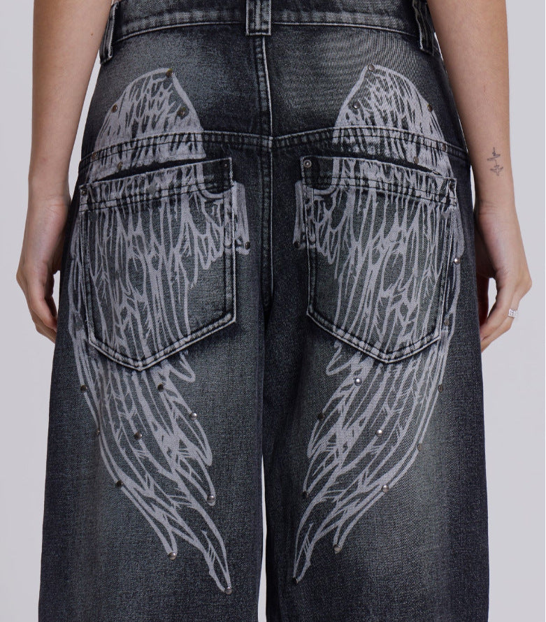 Wing Graphic Baggy Wide Leg Jeans - Black - 1