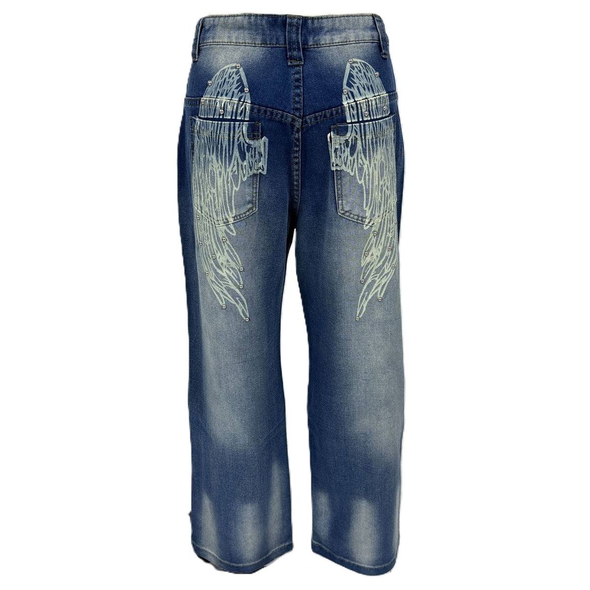 Wing Graphic Baggy Wide Leg Jeans - Blue - 1
