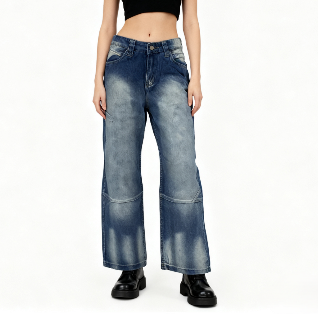 Wing Graphic Baggy Wide Leg Jeans - Blue - 2
