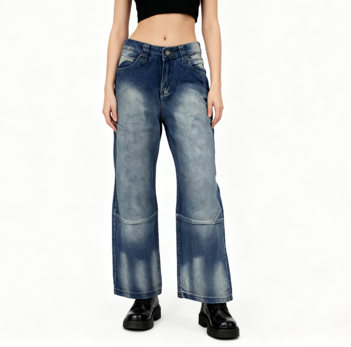 Wing Graphic Baggy Wide Leg Jeans - Blue - 2