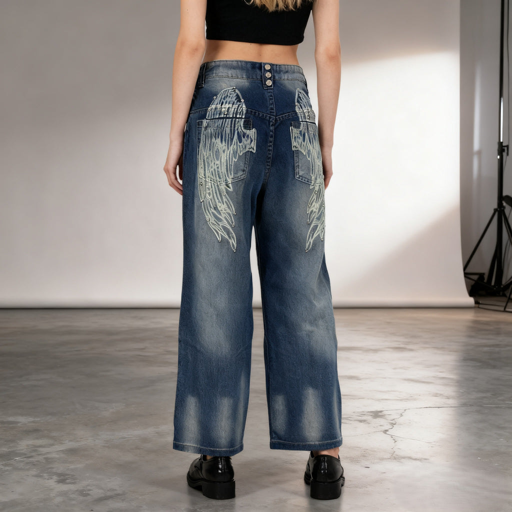 Wing Graphic Baggy Wide Leg Jeans