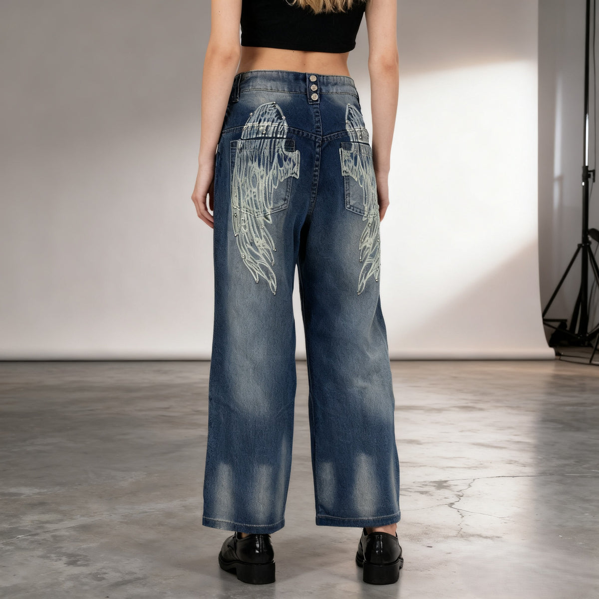 Wing Graphic Baggy Wide Leg Jeans