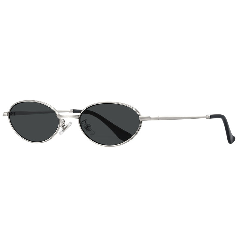 Oval Alloy Metal Frame Vintage Mini Sunglasses - Silver Black