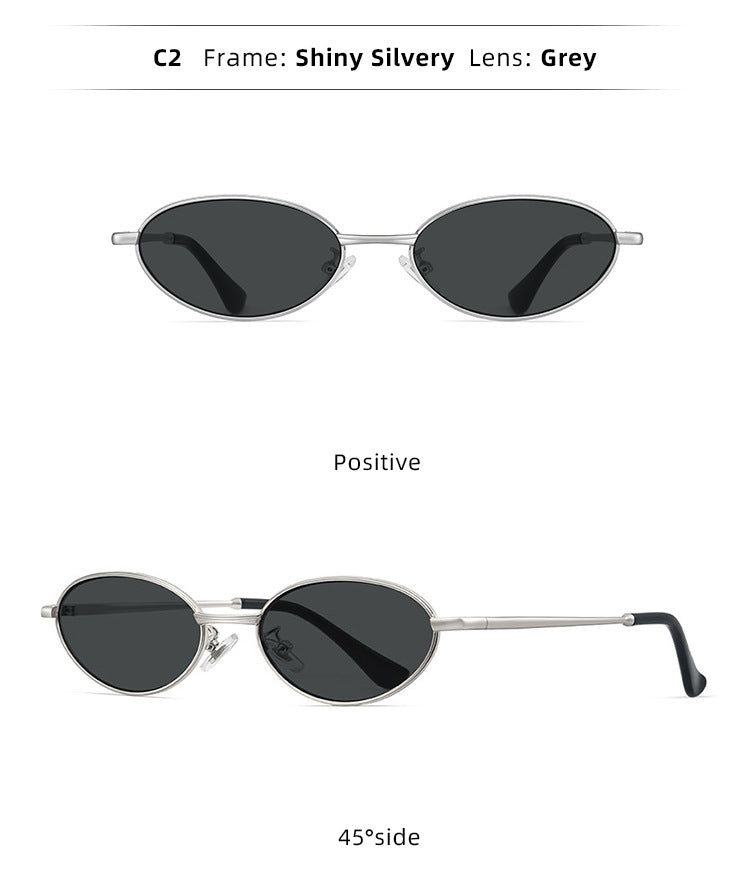 Oval Alloy Metal Frame Vintage Mini Sunglasses - Silver Black - 2