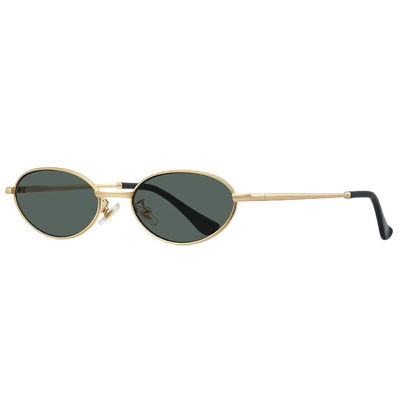 Oval Alloy Metal Frame Vintage Mini Sunglasses - Gold Green