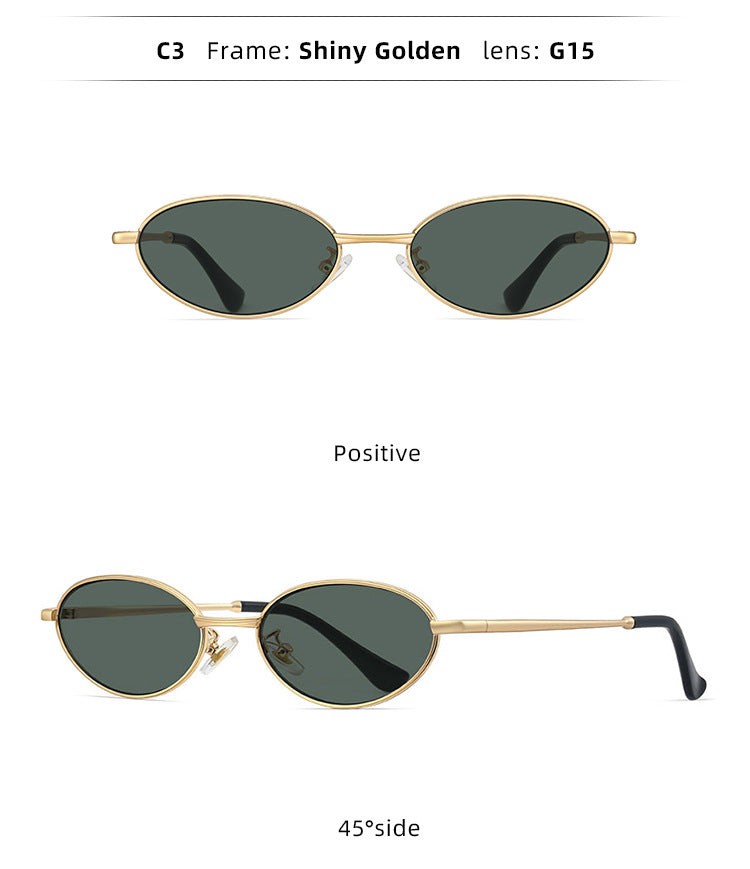 Oval Alloy Metal Frame Vintage Mini Sunglasses - Gold Green - 2