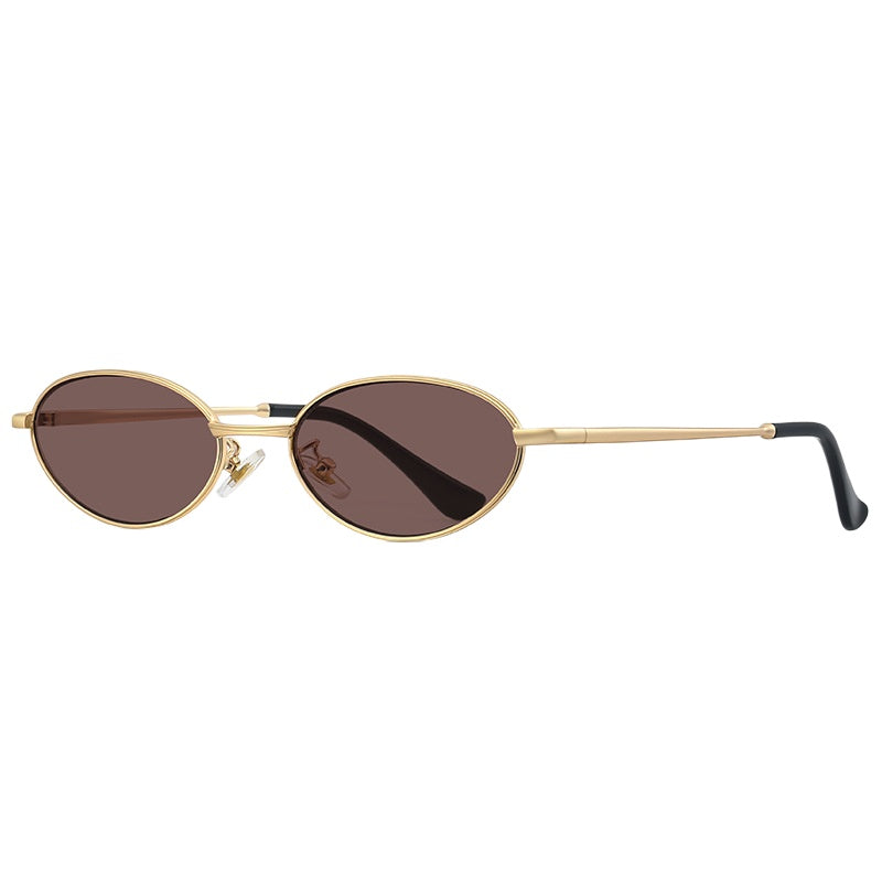 Oval Alloy Metal Frame Vintage Mini Sunglasses - Gold Brown